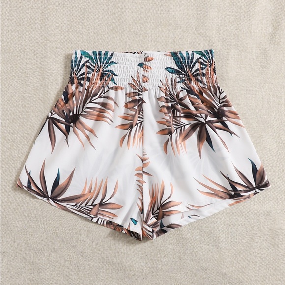 🔥HP🔥Plants Print Shirred Waist Shorts - Picture 4 of 5